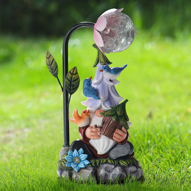 Decorative Reading Book Dwarf Statue Solar RGB LED Flower Light Resin Gnome Figurine Lamp for Lawn Porch Landscape Halloween