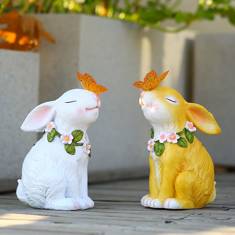 Solar Bunny Ornaments Light Sun Protection Resin Rabbit Butterfly Sculpture Lighting Lamp Durable Waterproof for Balcony Garden Lawn