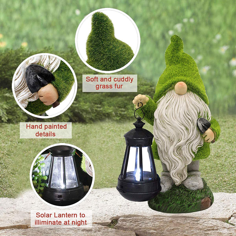 Solar Flocking Dwarf Caring Shovel Spade Garden Statue Gnome Figurine with Lantern Outdoor Lawn Decor Flocked for Patio Balcony Yard Ornament Unique Housewarming Gift Lovers Celebration