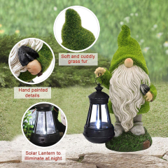 Solar Flocking Dwarf Caring Shovel Spade Garden Statue Gnome Figurine with Lantern Outdoor Lawn Decor Flocked for Patio Balcony Yard Ornament Unique Housewarming Gift Lovers Celebration