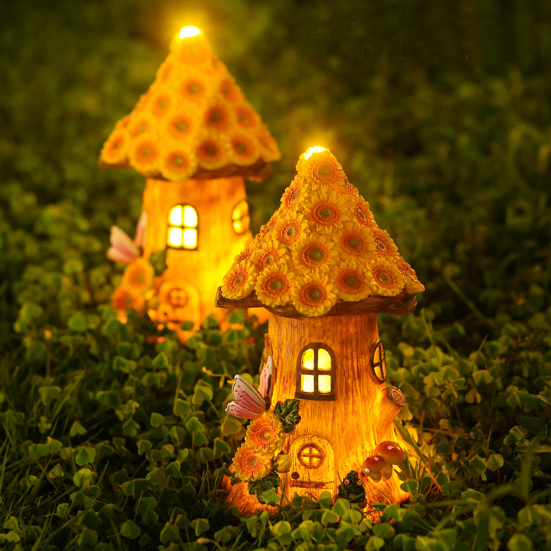 Solar Resin Yellow Sunflower Lighting Tree House Decorative Ornaments for Easter Festival Garden Villa Lawn Courtyard Decoration