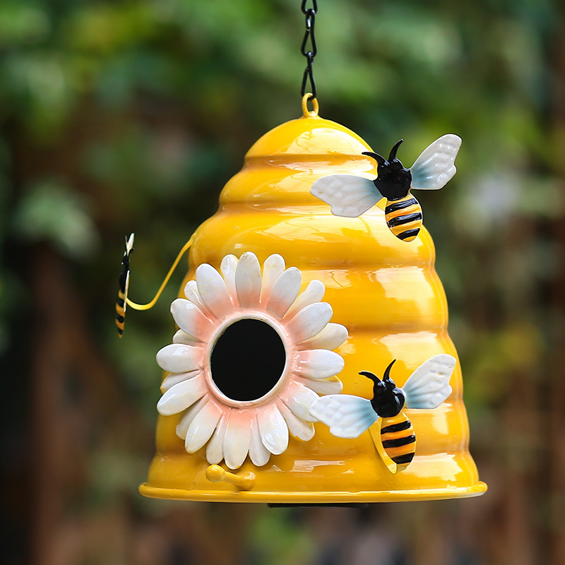 Yellow Metal Iron Decorative Honeybee Flower Design Bird Baby Breeding Nest Home for Bee Birds Butterfly Cuckoo Robin Parrots Finch Yellow