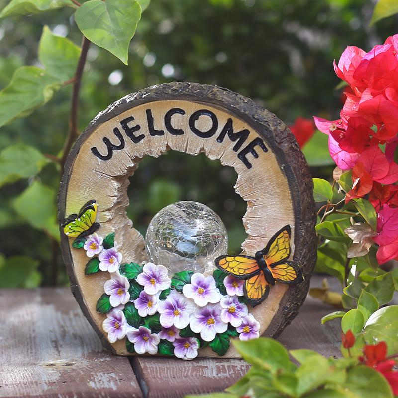 Resin Butterfly Purple Flower Solar Crack Glass Ball LED Light with Welcome Sign board for Garden Housewarming Party Decoration