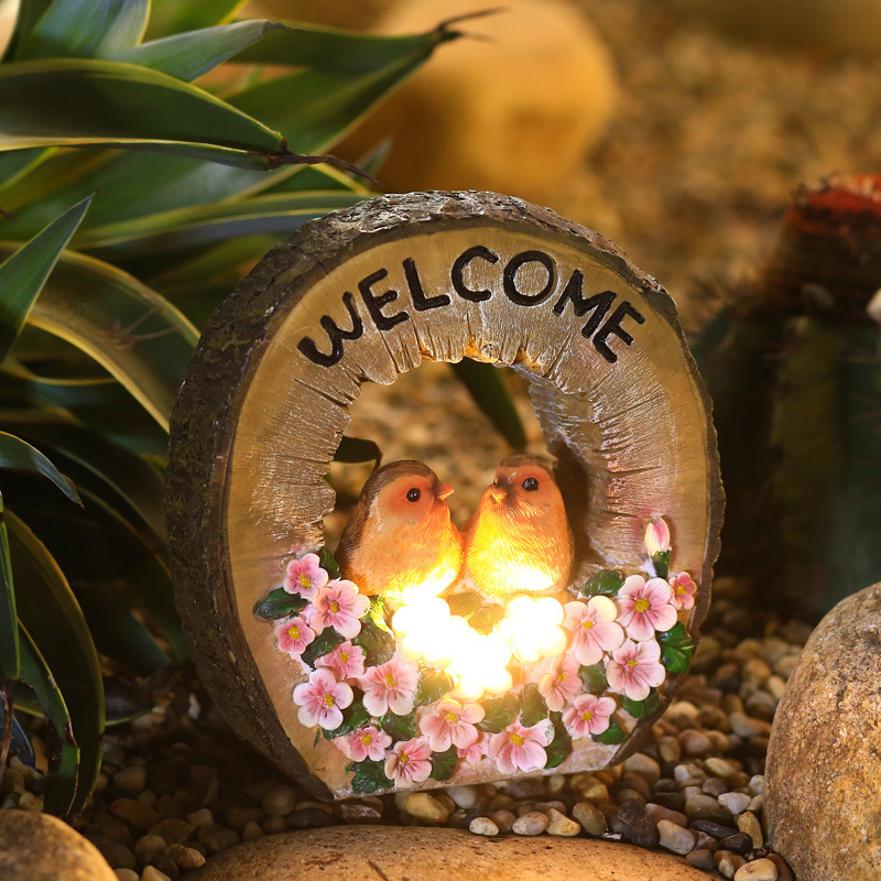 Resin Butterfly Purple Flower Solar Crack Glass Ball LED Light with Welcome Sign board for Garden Housewarming Party Decoration