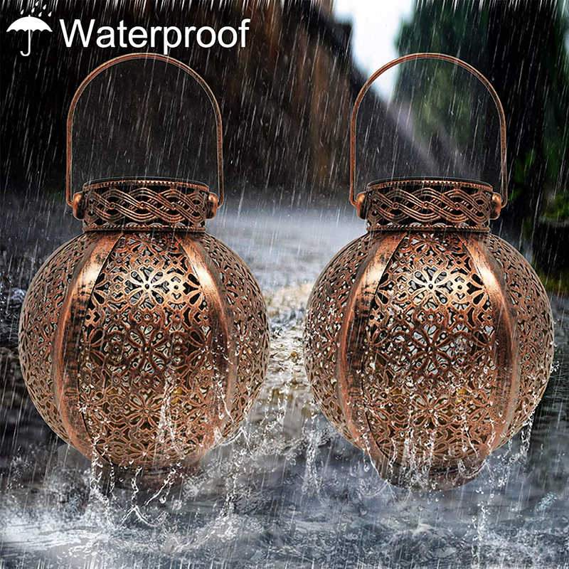 Solar Europe Style LED Lantern Waterproof Portable Table Light Moroccan Outdoor Iron Metal Hollow Carved Pattern Brown Black Lamp with Handle