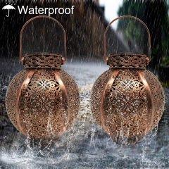 Solar Europe Style LED Lantern Waterproof Portable Table Light Moroccan Outdoor Iron Metal Hollow Carved Pattern Brown Black Lamp with Handle