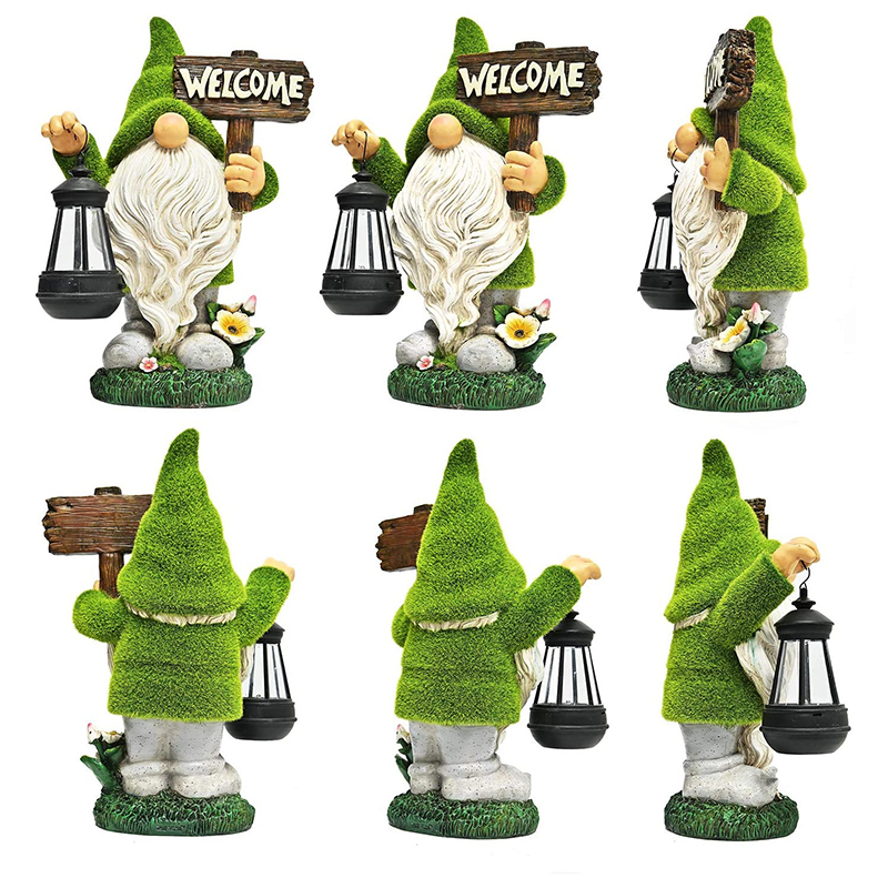 Welcome Dwarf Caring Solar Light Resin Flocked Gnome Elves Statue with Lantern for Outdoor Kids Housewarming Party Halloween Gift