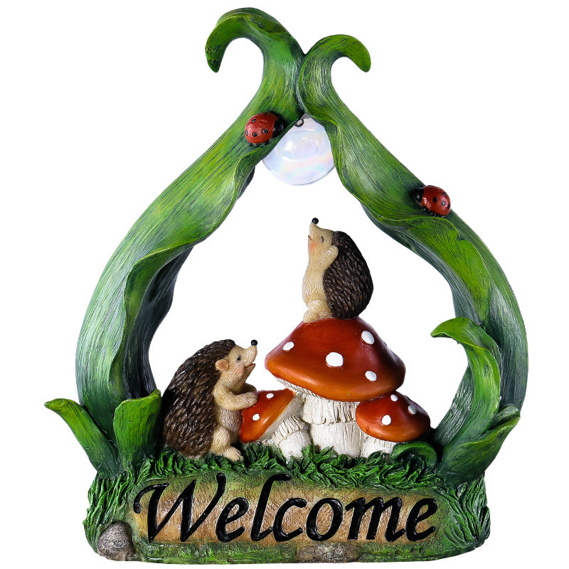 Resin Decorative Garden Solar Animal Ornaments Creative Hedgehog Light Mushroom LED Lamp Figurine with Welcome Landscape Brand