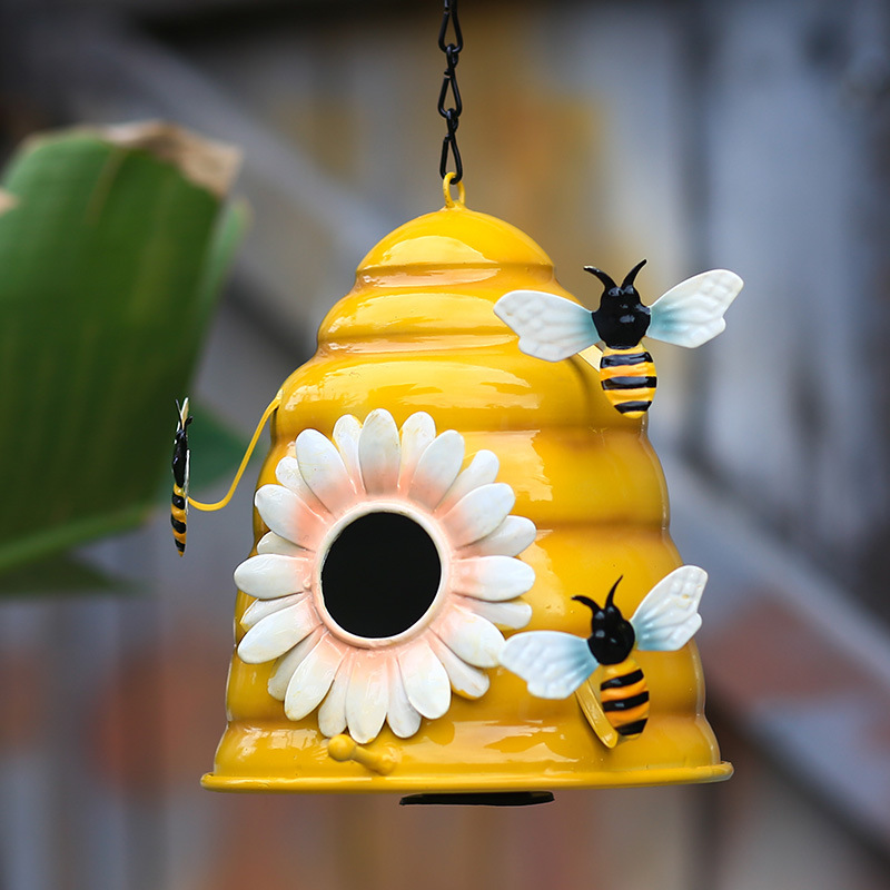 Yellow Metal Iron Decorative Honeybee Flower Design Bird Baby Breeding Nest Home for Bee Birds Butterfly Cuckoo Robin Parrots Finch Yellow