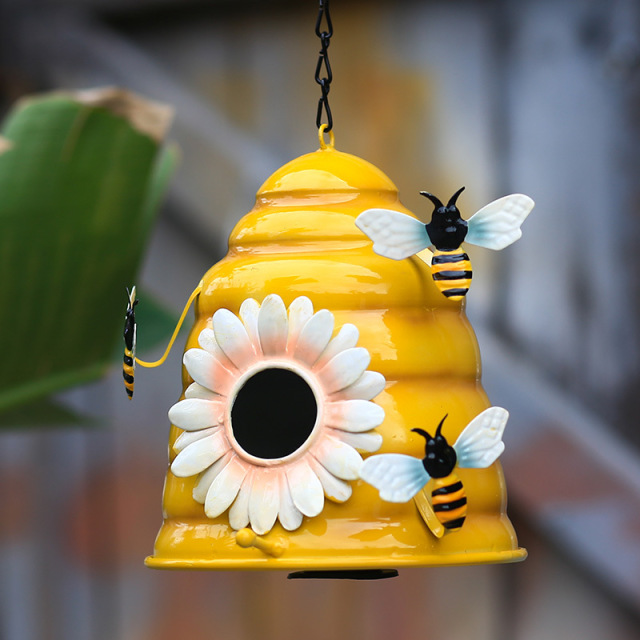 Yellow Metal Iron Decorative Honeybee Flower Design Bird Baby Breeding Nest Home for Bee Birds Butterfly Cuckoo Robin Parrots Finch Yellow