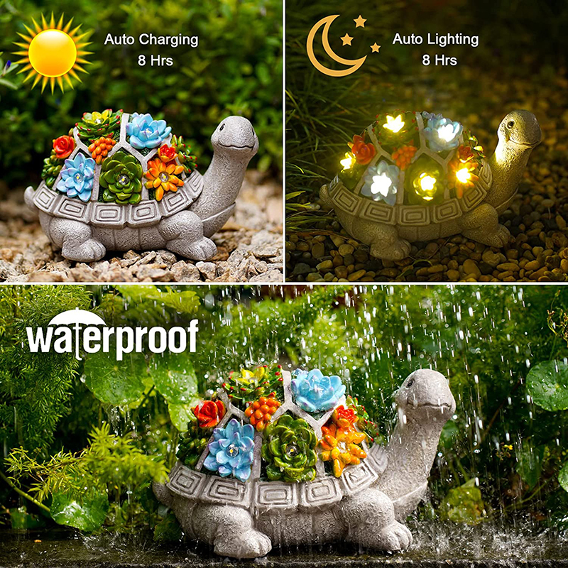 Resin Solar Garden Statue Turtle Figurine with Succulent LED Lights Lawn Decor Tortoise for Balcony Ornament Unique Housewarming