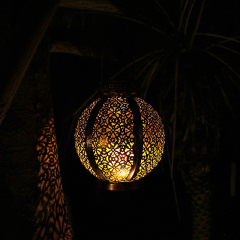 Solar Europe Style LED Lantern Waterproof Portable Table Light Moroccan Outdoor Iron Metal Hollow Carved Pattern Brown Black Lamp with Handle