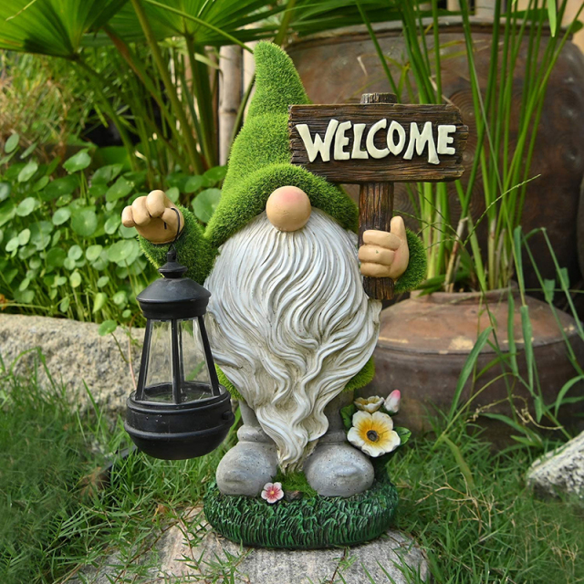 Welcome Dwarf Caring Solar Light Resin Flocked Gnome Elves Statue with Lantern for Outdoor Kids Housewarming Party Halloween Gift