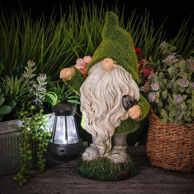 Solar Flocking Dwarf Caring Shovel Spade Garden Statue Gnome Figurine with Lantern Outdoor Lawn Decor Flocked for Patio Balcony Yard Ornament Unique Housewarming Gift Lovers Celebration