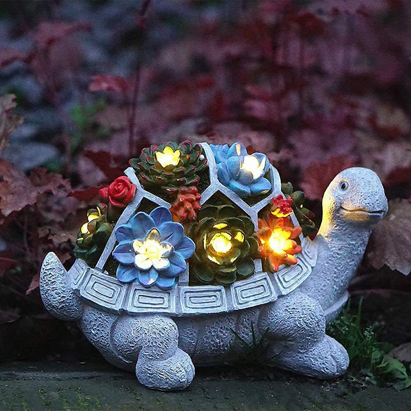 Resin Solar Garden Statue Turtle Figurine with Succulent LED Lights Lawn Decor Tortoise for Balcony Ornament Unique Housewarming
