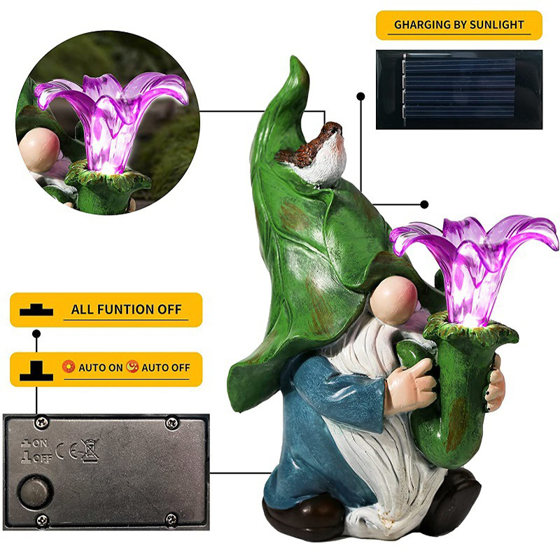 Garden Decorative Resin Dwarf with Morning Trumpet Flower Gnome Cute Elves Figurine for Friend Lovers Kids Birthday Outdoor Gift