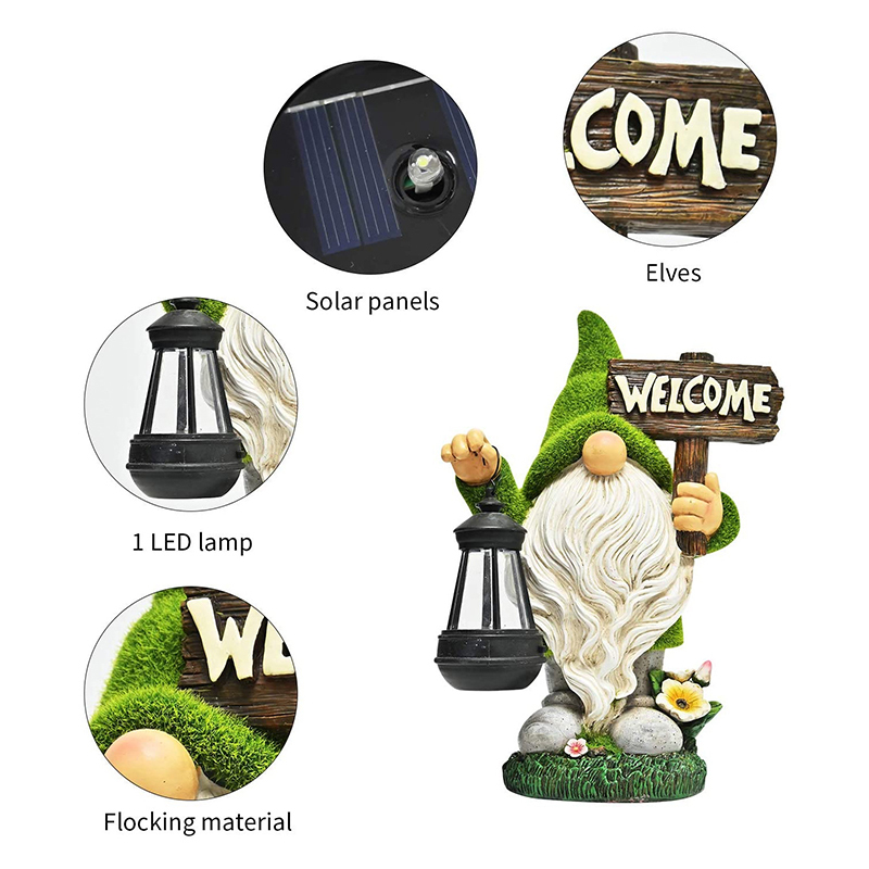 Welcome Dwarf Caring Solar Light Resin Flocked Gnome Elves Statue with Lantern for Outdoor Kids Housewarming Party Halloween Gift
