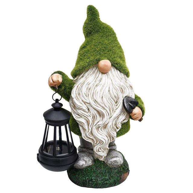 Solar Flocking Dwarf Caring Shovel Spade Garden Statue Gnome Figurine with Lantern Outdoor Lawn Decor Flocked for Patio Balcony Yard Ornament Unique Housewarming Gift Lovers Celebration