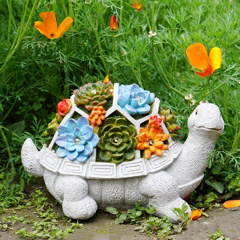 Resin Solar Garden Statue Turtle Figurine with Succulent LED Lights Lawn Decor Tortoise for Balcony Ornament Unique Housewarming