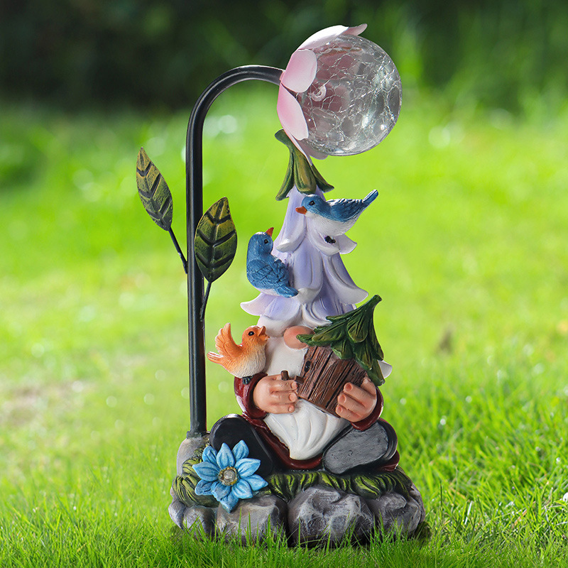 Decorative Reading Book Dwarf Statue Solar RGB LED Flower Light Resin Gnome Figurine Lamp for Lawn Porch Landscape Halloween