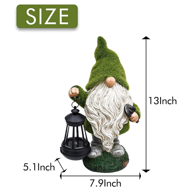 Solar Flocking Dwarf Caring Shovel Spade Garden Statue Gnome Figurine with Lantern Outdoor Lawn Decor Flocked for Patio Balcony Yard Ornament Unique Housewarming Gift Lovers Celebration