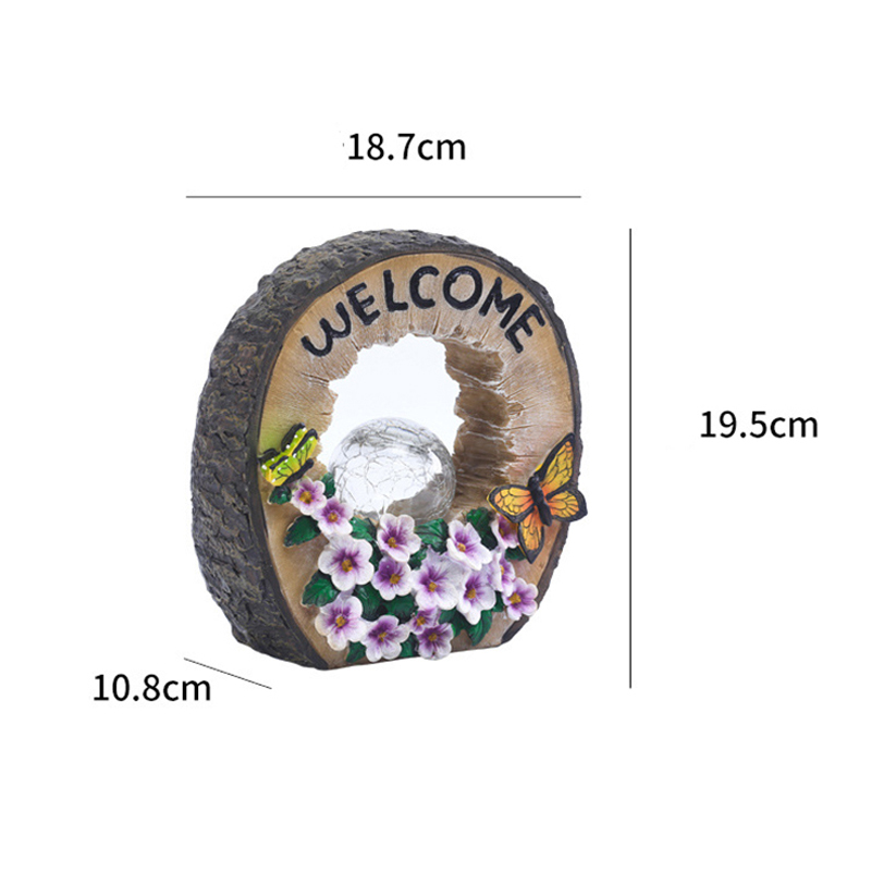 Resin Butterfly Purple Flower Solar Crack Glass Ball LED Light with Welcome Sign board for Garden Housewarming Party Decoration