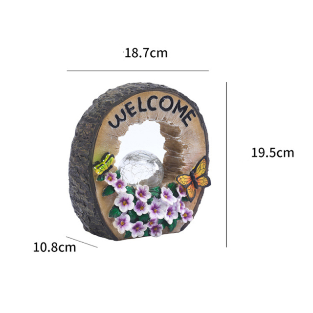 Resin Butterfly Purple Flower Solar Crack Glass Ball LED Light with Welcome Sign board for Garden Housewarming Party Decoration