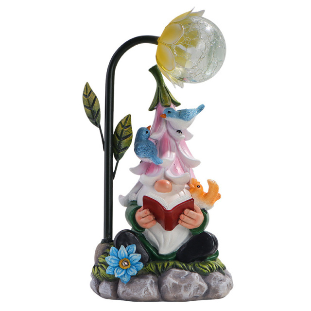 Decorative Reading Book Dwarf Statue Solar RGB LED Flower Light Resin Gnome Figurine Lamp for Lawn Porch Landscape Halloween