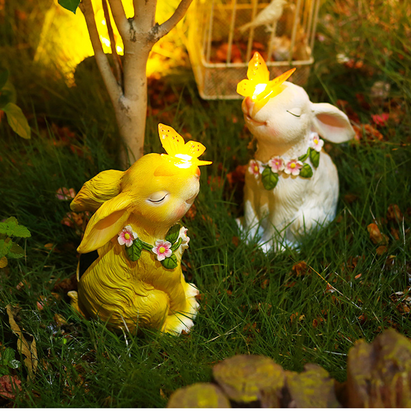 Solar Bunny Ornaments Light Sun Protection Resin Rabbit Butterfly Sculpture Lighting Lamp Durable Waterproof for Balcony Garden Lawn