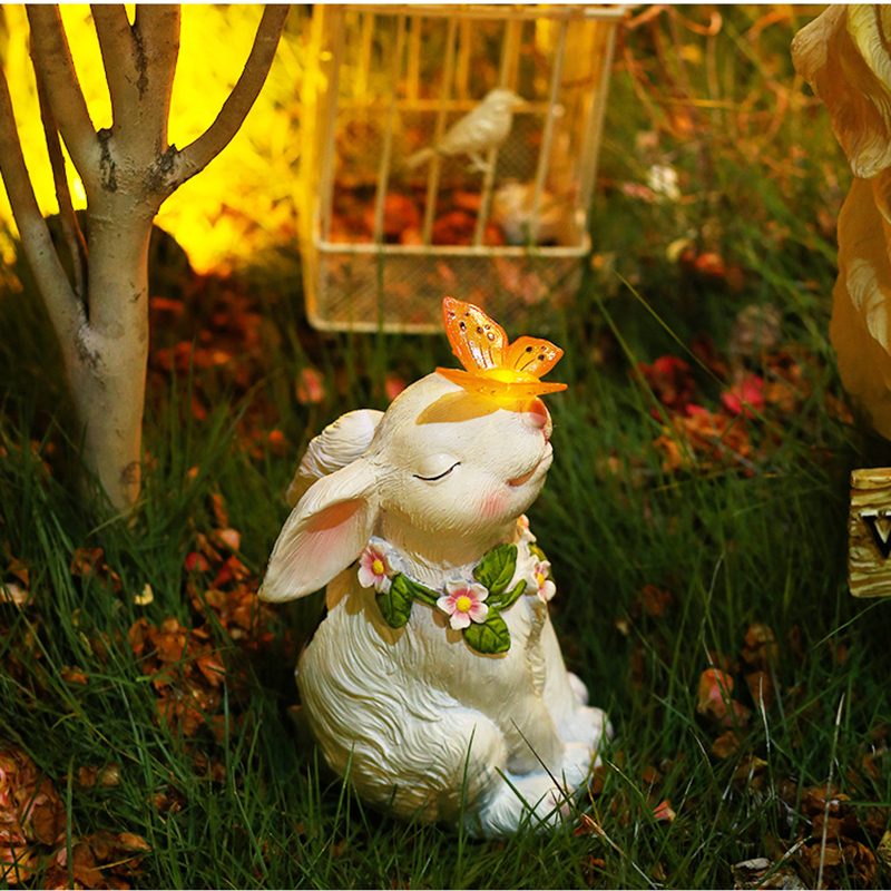 Solar Bunny Ornaments Light Sun Protection Resin Rabbit Butterfly Sculpture Lighting Lamp Durable Waterproof for Balcony Garden Lawn