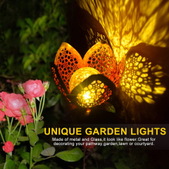 Metal Golden Rose Flower LED Lamp Hollow Craft Stake Solar Powered Globe Ball Glass Crack Design Bulb Lawn Light for Pathway Garden Park Landscape Riverside Christmas Festival Decoration