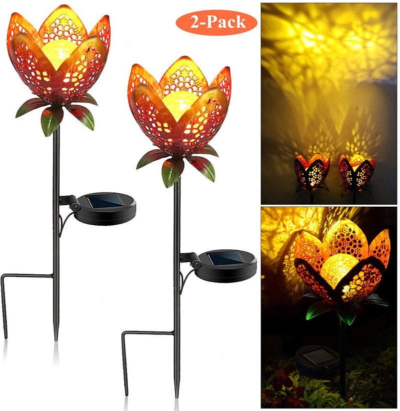 Metal Golden Rose Flower LED Lamp Hollow Craft Stake Solar Powered Globe Ball Glass Crack Design Bulb Lawn Light for Pathway Garden Park Landscape Riverside Christmas Festival Decoration