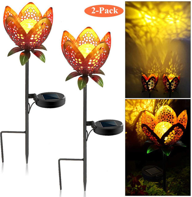 Metal Golden Rose Flower LED Lamp Hollow Craft Stake Solar Powered Globe Ball Glass Crack Design Bulb Lawn Light for Pathway Garden Park Landscape Riverside Christmas Festival Decoration