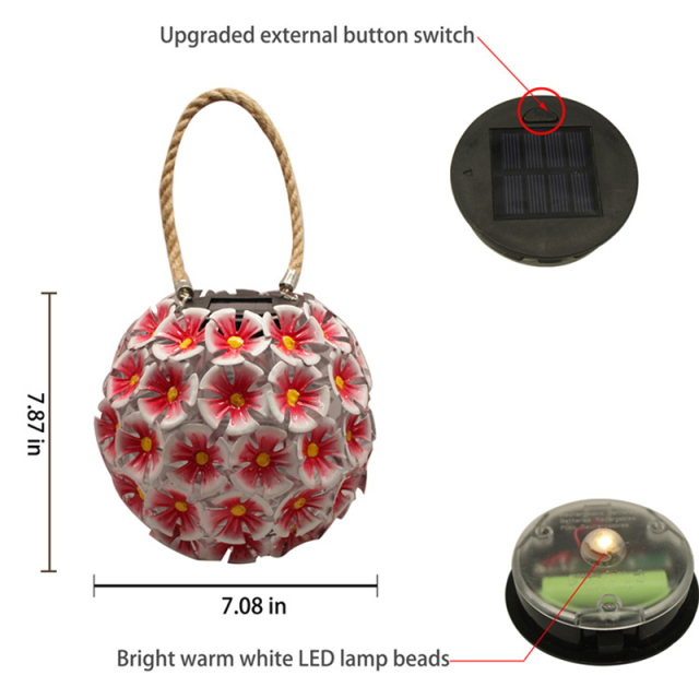 Garden Hanging Lights Solar Powered LED Metal Red Flower Floral Round Ball Hemp Decorative Artificial Flowers with LED Lights for Garden Table Balcony Yard Tree Christmas Festival Valentine's Day