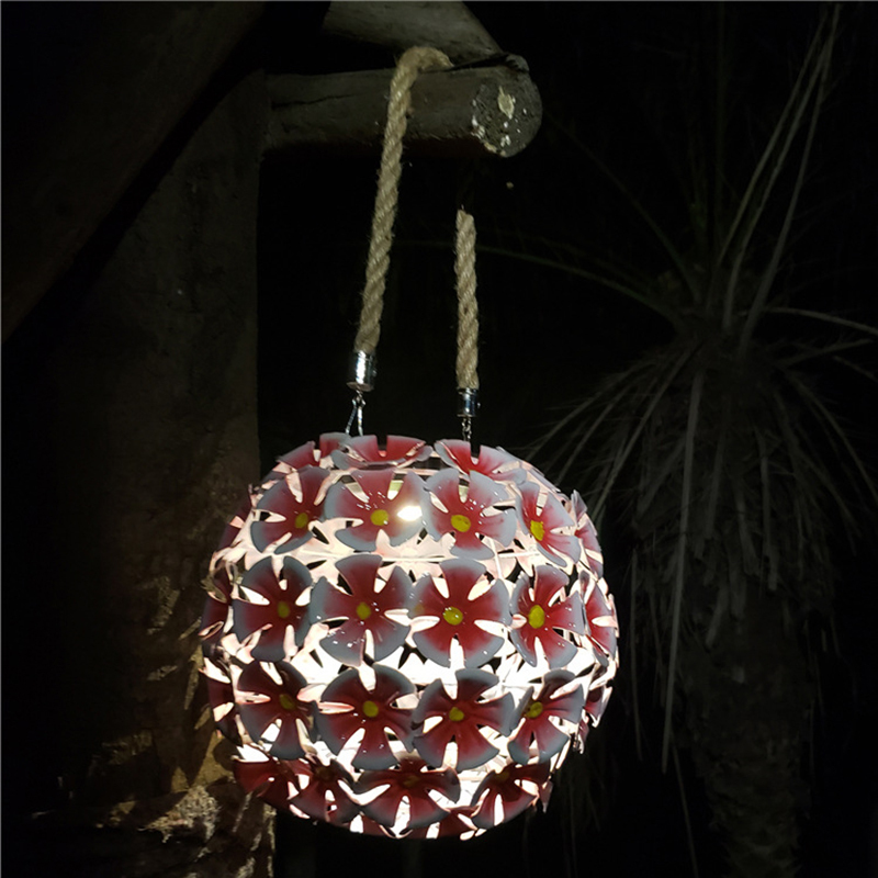 Garden Hanging Lights Solar Powered LED Metal Red Flower Floral Round Ball Hemp Decorative Artificial Flowers with LED Lights for Garden Table Balcony Yard Tree Christmas Festival Valentine's Day