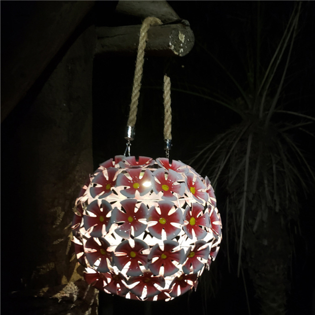 Garden Hanging Lights Solar Powered LED Metal Red Flower Floral Round Ball Hemp Decorative Artificial Flowers with LED Lights for Garden Table Balcony Yard Tree Christmas Festival Valentine's Day
