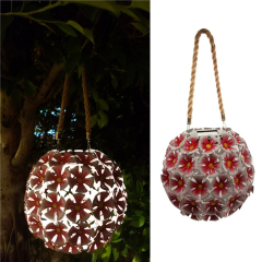 Garden Hanging Lights Solar Powered LED Metal Red Flower Floral Round Ball Hemp Decorative Artificial Flowers with LED Lights for Garden Table Balcony Yard Tree Christmas Festival Valentine's Day
