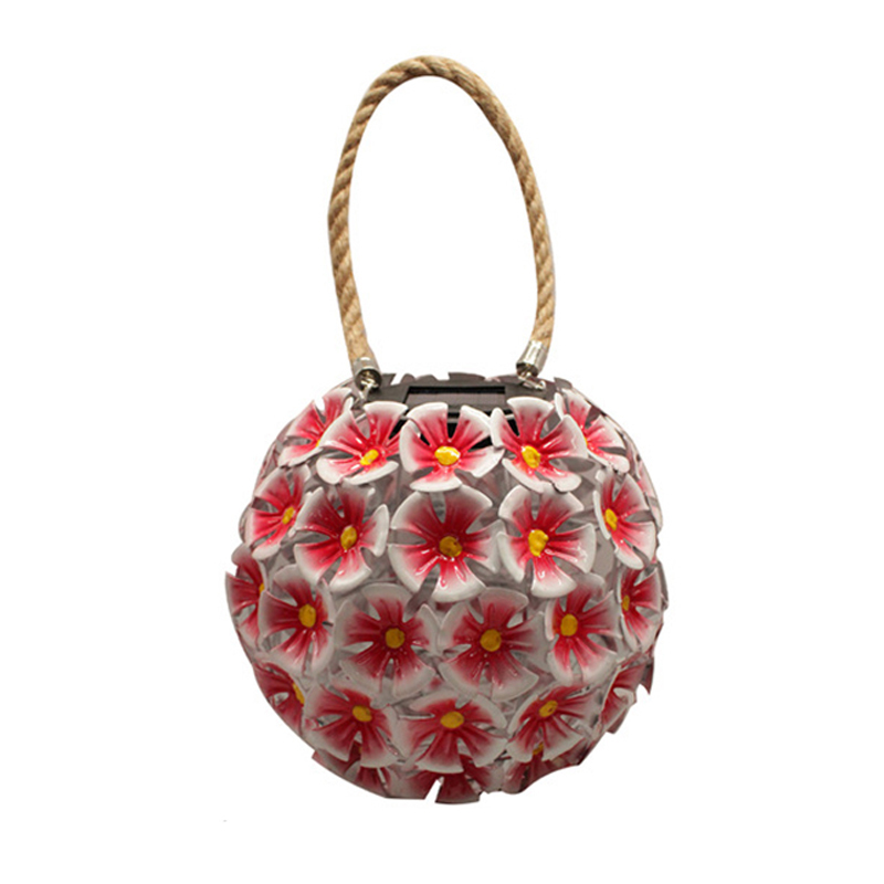 Garden Hanging Lights Solar Powered LED Metal Red Flower Floral Round Ball Hemp Decorative Artificial Flowers with LED Lights for Garden Table Balcony Yard Tree Christmas Festival Valentine's Day