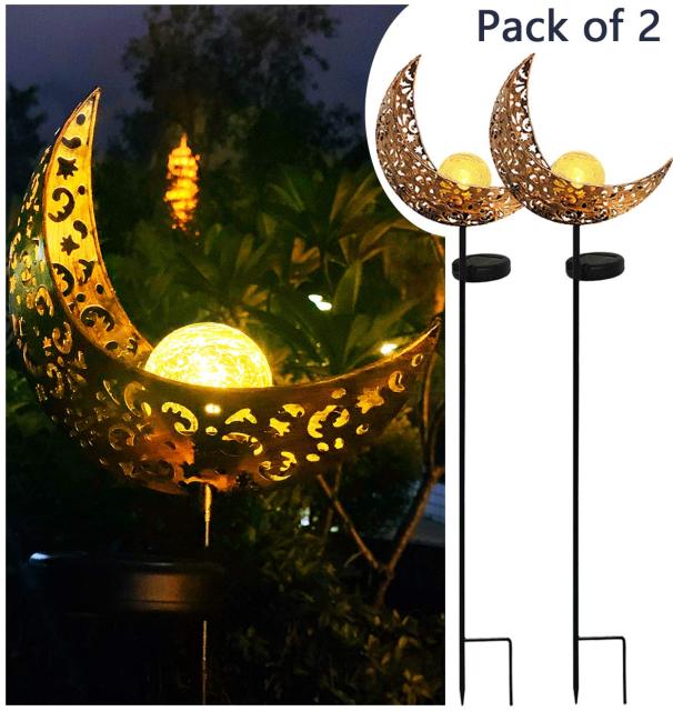 Milalit Solar Moon Lights Iron Craft Moonlight Shape Metal Light Stake Lamp Outdoor Post Luces Solares Lighting Lamps Metal Glass Bulb for Garden Lawn Lighting Holiday Festival Halloween Decoration