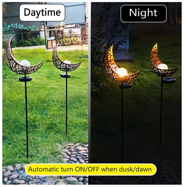 Milalit Solar Moon Lights Iron Craft Moonlight Shape Metal Light Stake Lamp Outdoor Post Luces Solares Lighting Lamps Metal Glass Bulb for Garden Lawn Lighting Holiday Festival Halloween Decoration
