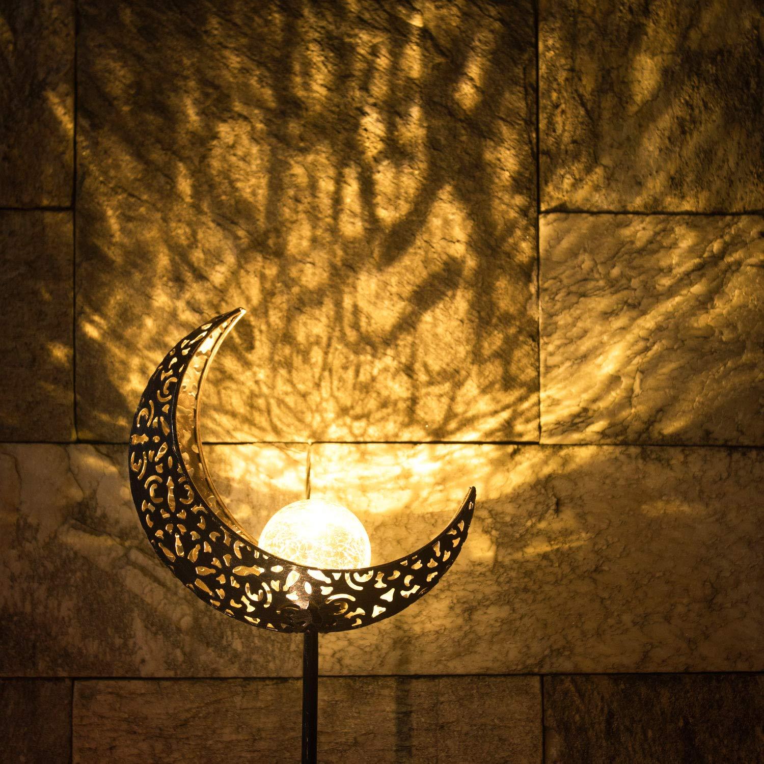 Milalit Solar Moon Lights Iron Craft Moonlight Shape Metal Light Stake Lamp Outdoor Post Luces Solares Lighting Lamps Metal Glass Bulb for Garden Lawn Lighting Holiday Festival Halloween Decoration