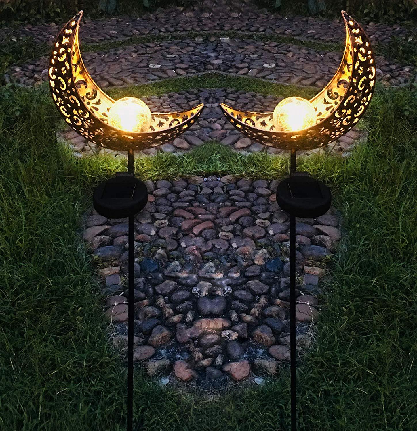 Milalit Solar Moon Lights Iron Craft Moonlight Shape Metal Light Stake Lamp Outdoor Post Luces Solares Lighting Lamps Metal Glass Bulb for Garden Lawn Lighting Holiday Festival Halloween Decoration