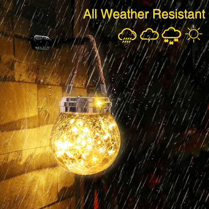 Milalit Solar Crack Glass Outdoor Rope Hanging Mason Jar LED Fairy String Lights Crack Glass Globe Waterproof Table Lamp with Lanyard for Bar Hotel Halloween Party Proposal Wedding Decoration