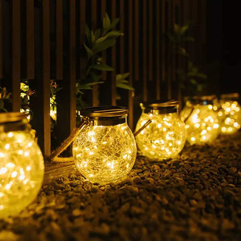Milalit Solar Crack Glass Outdoor Rope Hanging Mason Jar LED Fairy String Lights Crack Glass Globe Waterproof Table Lamp with Lanyard for Bar Hotel Halloween Party Proposal Wedding Decoration