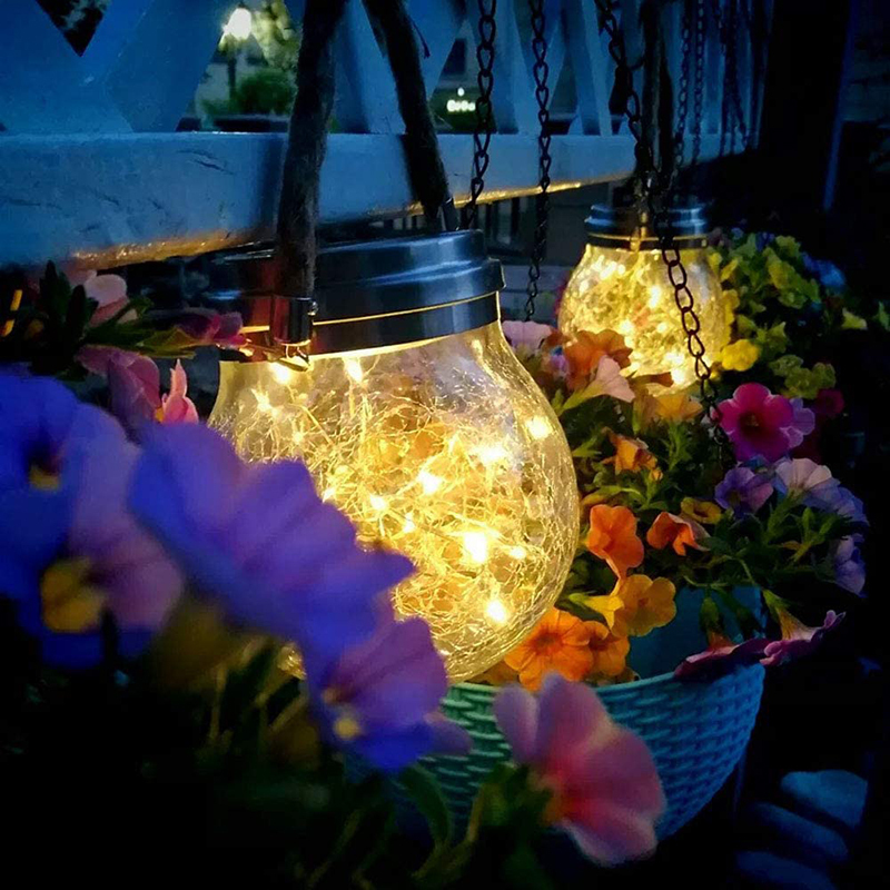 Milalit Solar Crack Glass Outdoor Rope Hanging Mason Jar LED Fairy String Lights Crack Glass Globe Waterproof Table Lamp with Lanyard for Bar Hotel Halloween Party Proposal Wedding Decoration