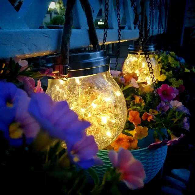 Milalit Solar Crack Glass Outdoor Rope Hanging Mason Jar LED Fairy String Lights Crack Glass Globe Waterproof Table Lamp with Lanyard for Bar Hotel Halloween Party Proposal Wedding Decoration