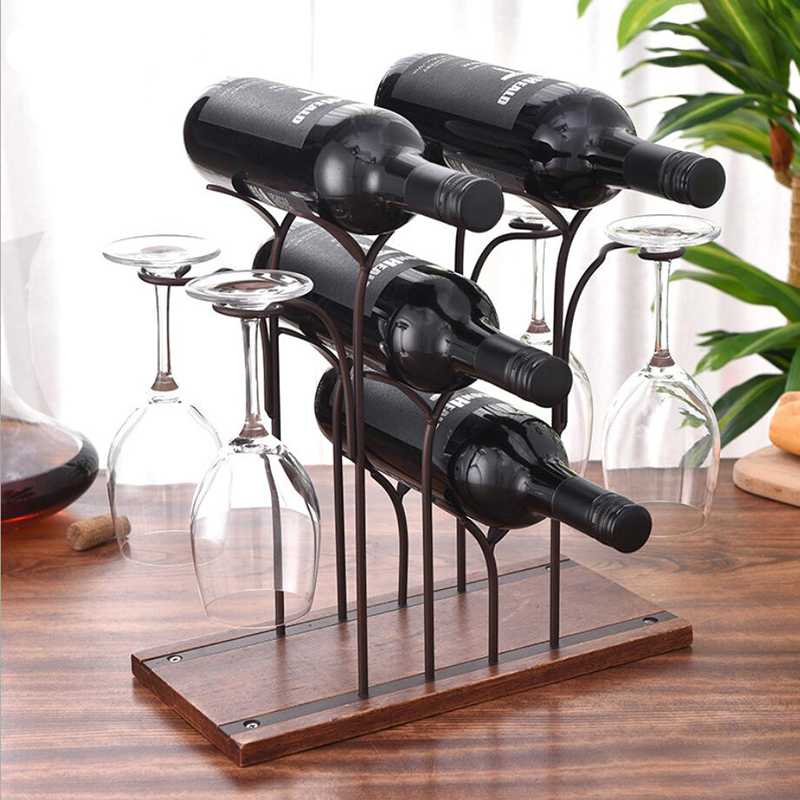 MilaLit Countertop Wood Iron Bronze Wine Rack Holder 6 Wine Bottles for Home Decor Kitchen Storage Bar Cellar Cabinet Karaoke Pantry