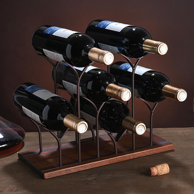 MilaLit New Tabletop Metal Display Wood Red Wine Rack Holder Hold 4 Wine Bottles and 4 Glasses Bronze  Vintage Simple Graceful Wine Shelf Stand for Kitchen Office Bar