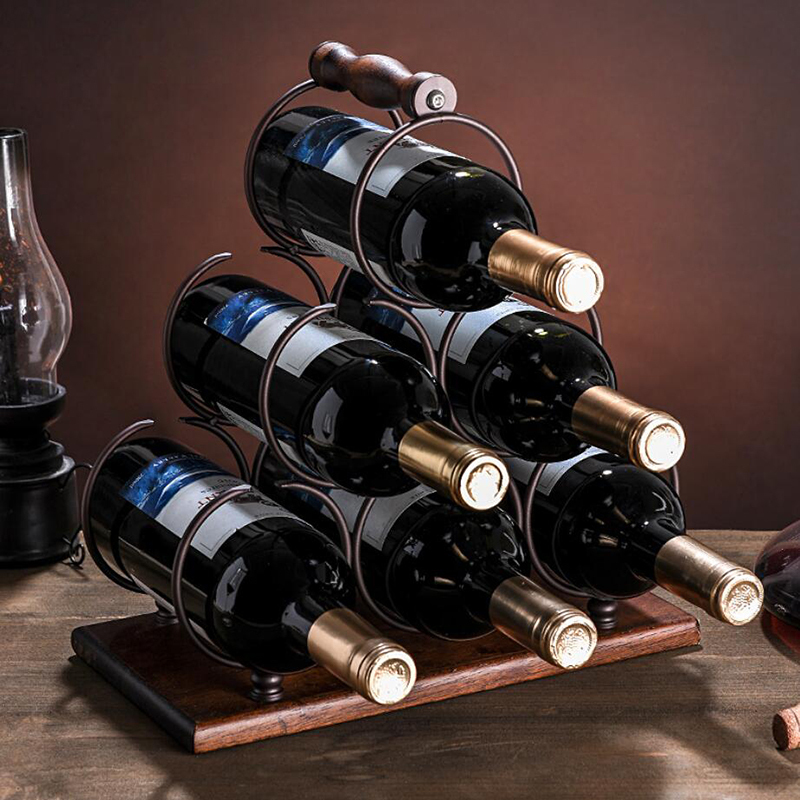 MilaLit Countertop Wood Iron Bronze Wine Rack Holder 6 Wine Bottles for Home Decor Kitchen Storage Bar Cellar Cabinet Karaoke Pantry