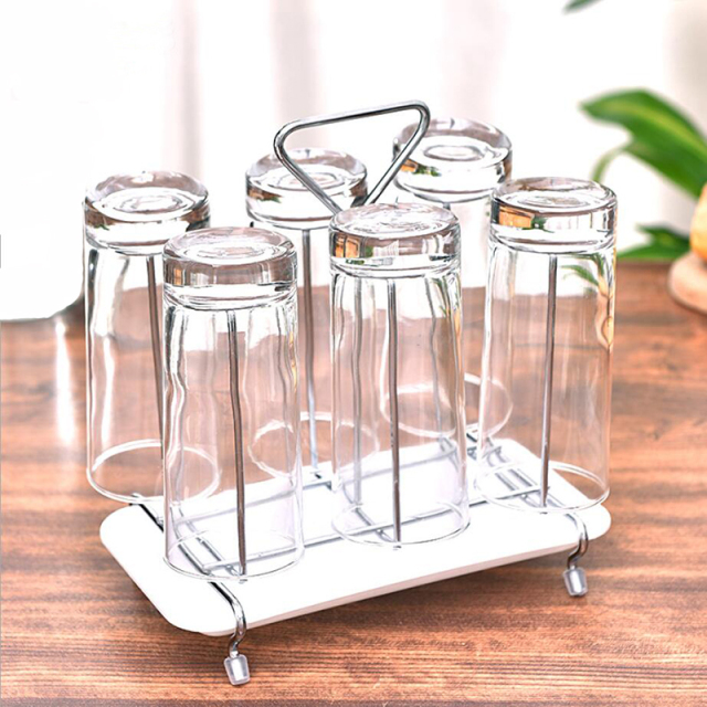 Milalit Glass Cup Bottle Drying Rack Metal Iron Silver Stand with Drain Tray 6 Holders Kitchen Wine Beer Beverage Drink Cups Organizer Portable Mug Beer Coffee Beverage Milk Drink Drying Holder with Draining Tray for Countertop Party Banquet